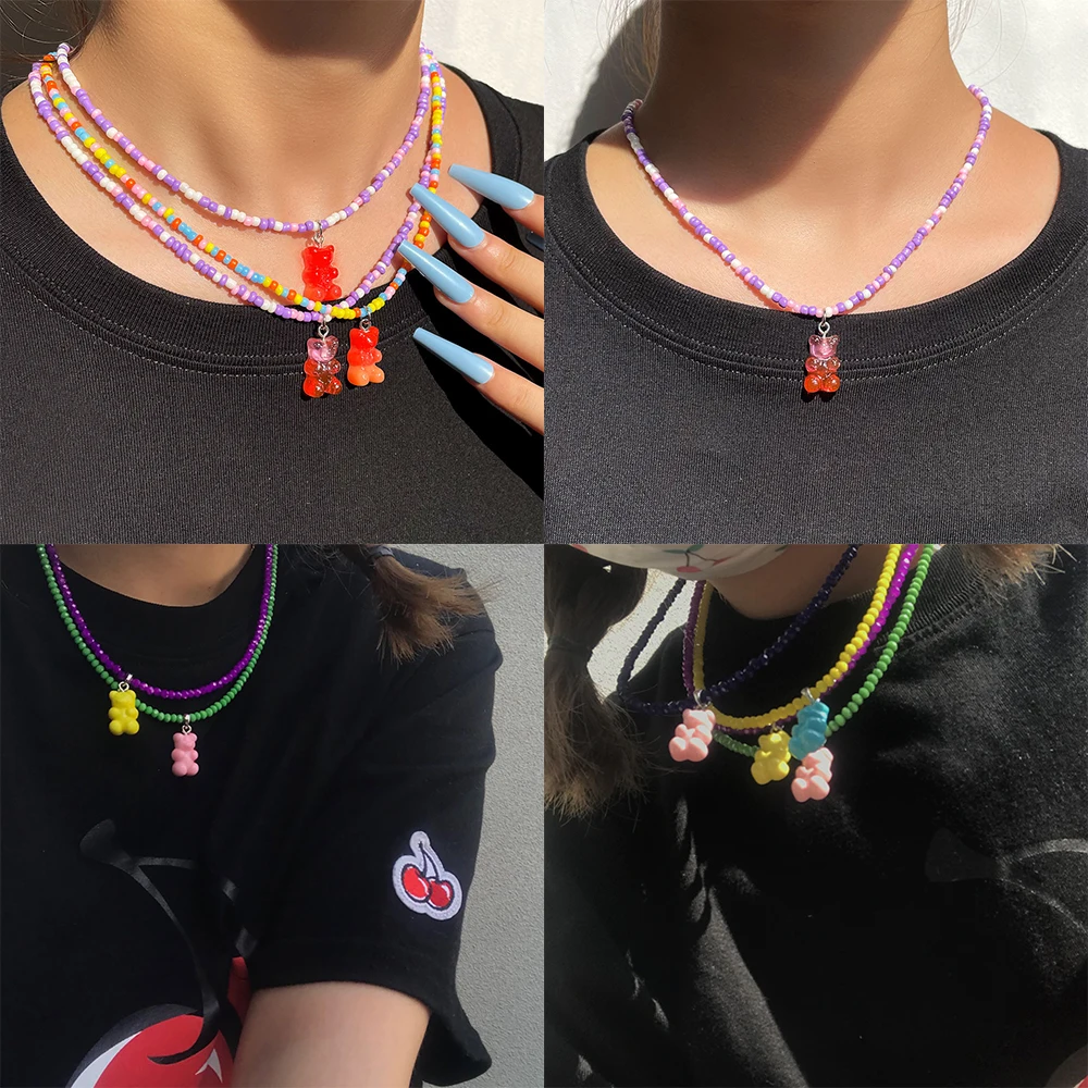 

Korean Cute Cartoon Gummy Bear Pendant Beaded Necklaces For Women Multicolor Rice Beaded Choker Necklaces Daily Party Jewelry