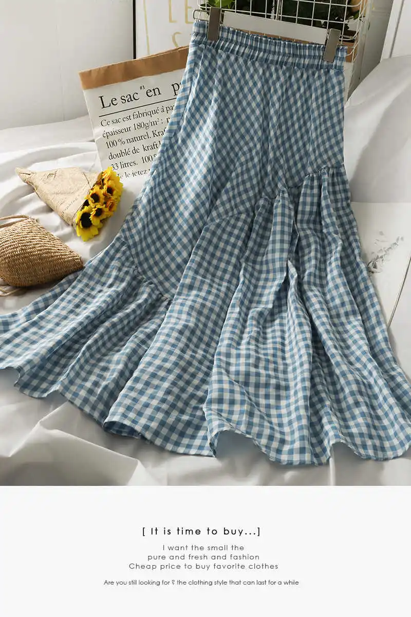 

Hong Kong Style versatile Plaid stitched Ruffle Skirt women's summer high waist slim casual loose A-line skirt