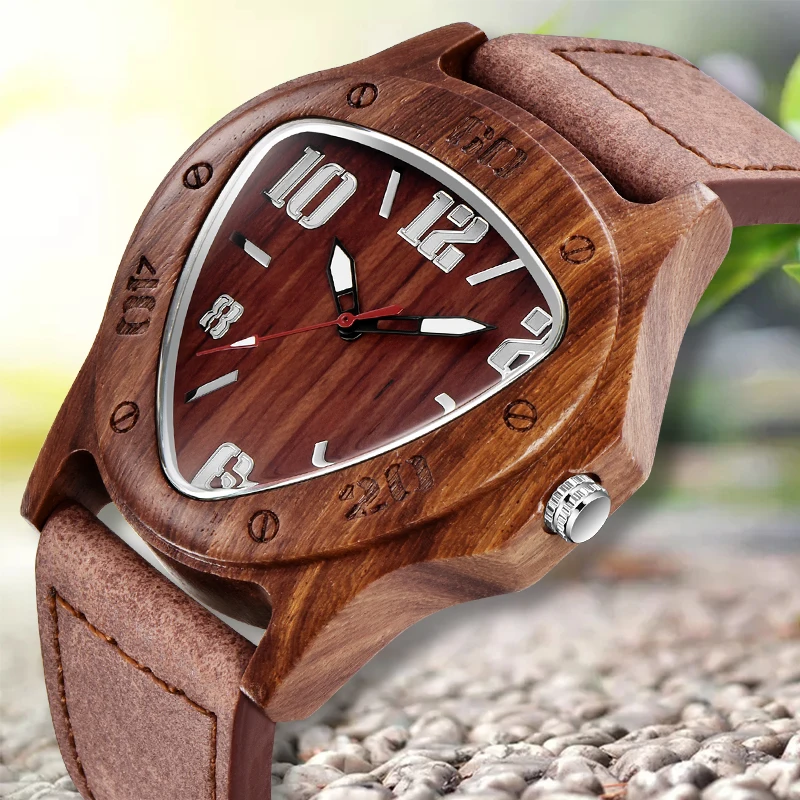 Часы мужские из натурального бамбука треугольные наручные в стиле ретро с