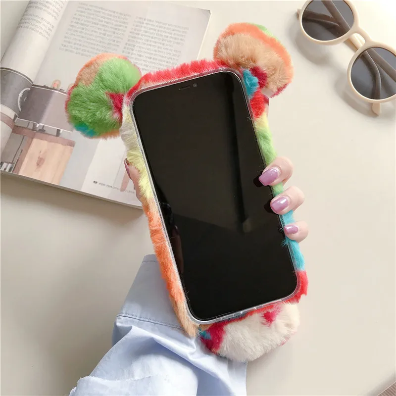 

Fashion Warm Plush Fluffy Phone Case For iphone 11 Pro Max 7 8 plus XS Max XR X SE 2020 Soft Cover Cute Mouse Cartoon Fuzzy Capa