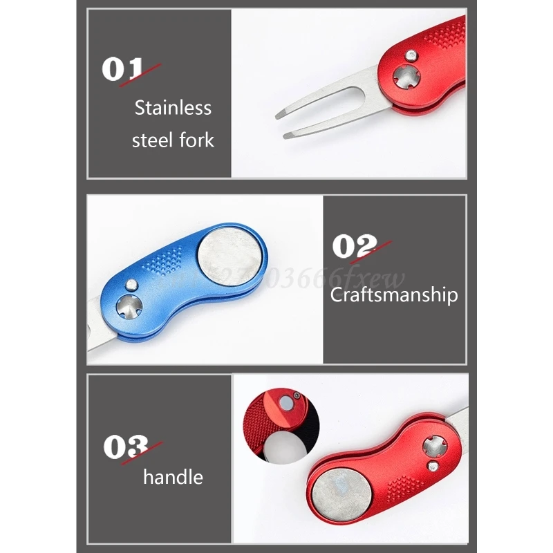 

Stainless Steel Folding Golf Divot Repair Fork with Magnetic Button Pitch Groove Remover Cleaner Pitchfork Switchblade Tool