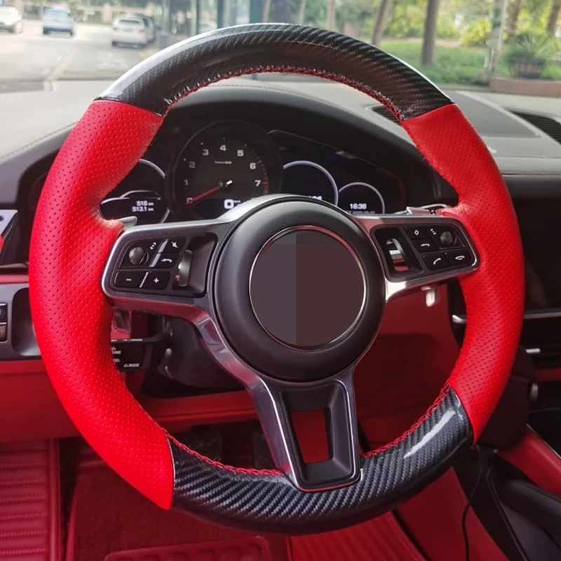 

Car Steering Wheel Cover Hand-stitched Non-slip Steering Wheel Covers Black Carbon Fiber Leather For Porsche Cayenne 2015-2016
