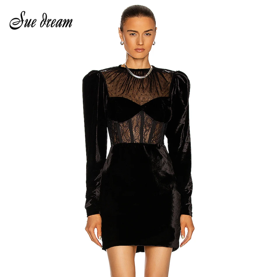 

2021 New Women's New Sexy O-neck Lace Long Sleeve Black Velvet Mini Dress Fashion Celebrity Club Party Dress Vestidos