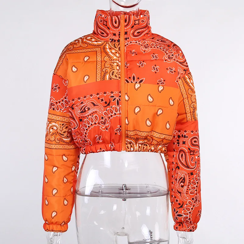 

ZKYZWX Bandana Puffer Jacket for Women Winter Fashion Clothing Warm Parka Short Outwear Orange Long Sleeve Cropped Bubble Coat