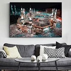 Пейзаж мечети, город, ночь, Настенная картина, пейзаж, Исламская Священная земля, Настенная картина, Постер для украшения гостиной и дома