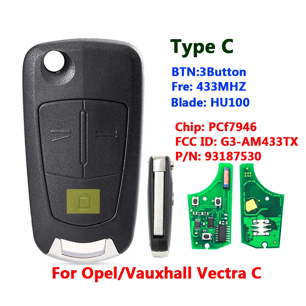 3 кнопки флип дистанционного ключа 433 МГц для Opel Vectra C с 7946 чип хорошее