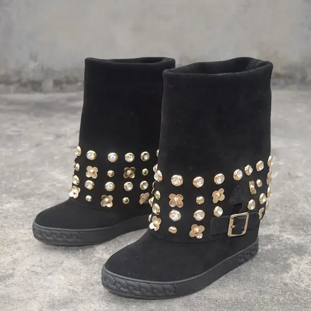 

Hot Woman Black Suede Flower Crystal Rivets Studs Mid-calf Boots Fold Slip On Round Toe 8 cm Hidden Wedge Short Boots Shoes