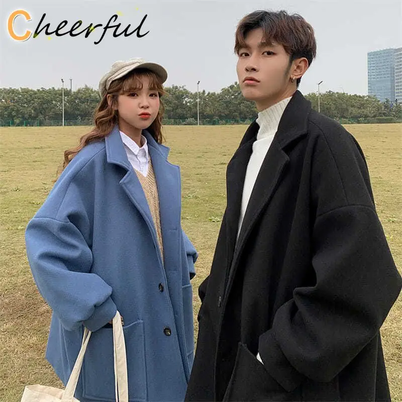 

Пальто шерстяное средней длины для влюбленных, Мужская Утепленная ветровка из флиса на осень и зиму, Корейская трендовая простая уличная од...