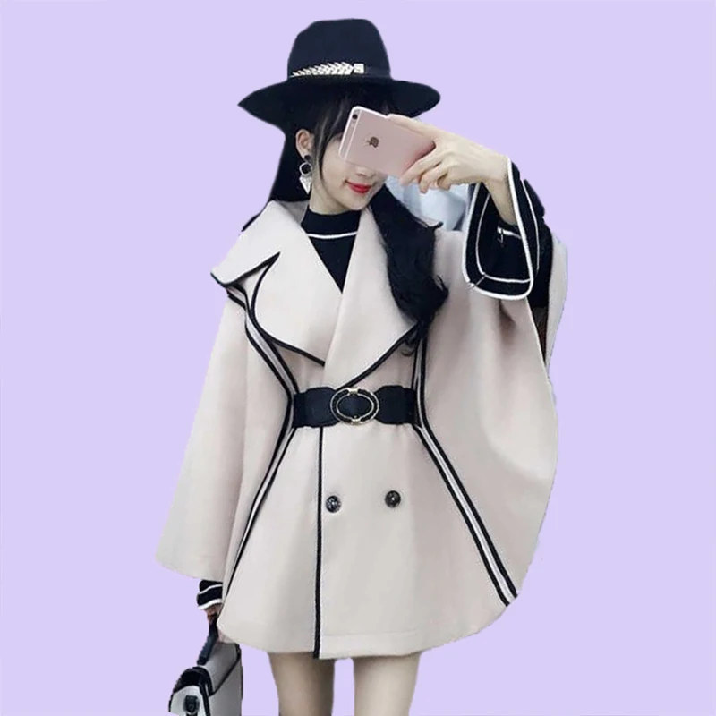 

2021 Spring And Autum Women Coats New Women's Beige Black-Edged Bat Cloak Cape Woolen Coat Lady Clothings