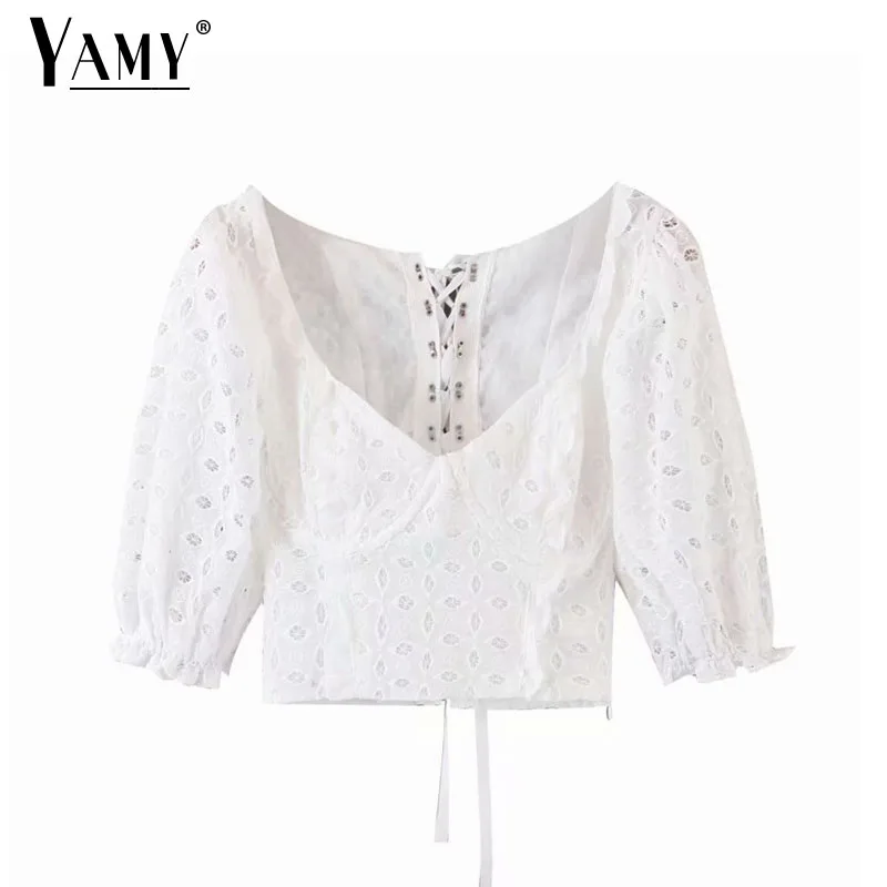 Женская винтажная блузка с коротким рукавом кружевная вышивкой|Блузки| |