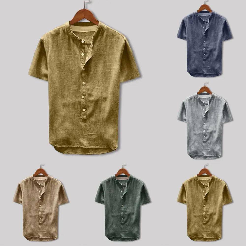 

Fashion Men's Summer Button Casual Linen and Cotton Short Sleeve Top Blouse Summer 2019 Short-sleeved Couple Dress
