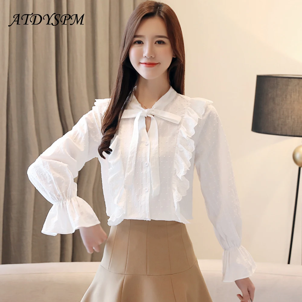 

New White Office Lady Elegant Flare Sleeve Lace Ruffles Solid Blouse Autumn Sexy Bow Collar Women Tops And Blouses Office Shirts