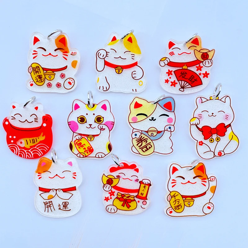 

10 Cute Acrylic Cartoon Zhaocai Cat Series Pendant Key Chain Pendant Necklace Pendant For DIY Decoration Accessories 056