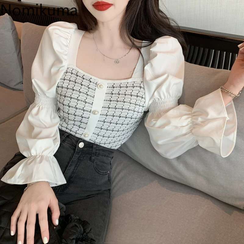 

Nomikuma Korean Plaid Patchwork Women Blouses Puff Long Sleeve Slim High Waist Short Shirt 2021 New Blusas Femme Tops 6B466