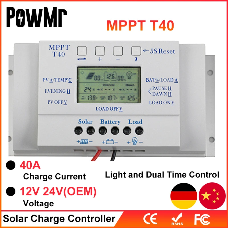 

PowMr 40A Solar Charge Controller 12V 24V Auto With 5V 1.5A USB Output Load Light and Timer Control Solar Panel Regulator LCD