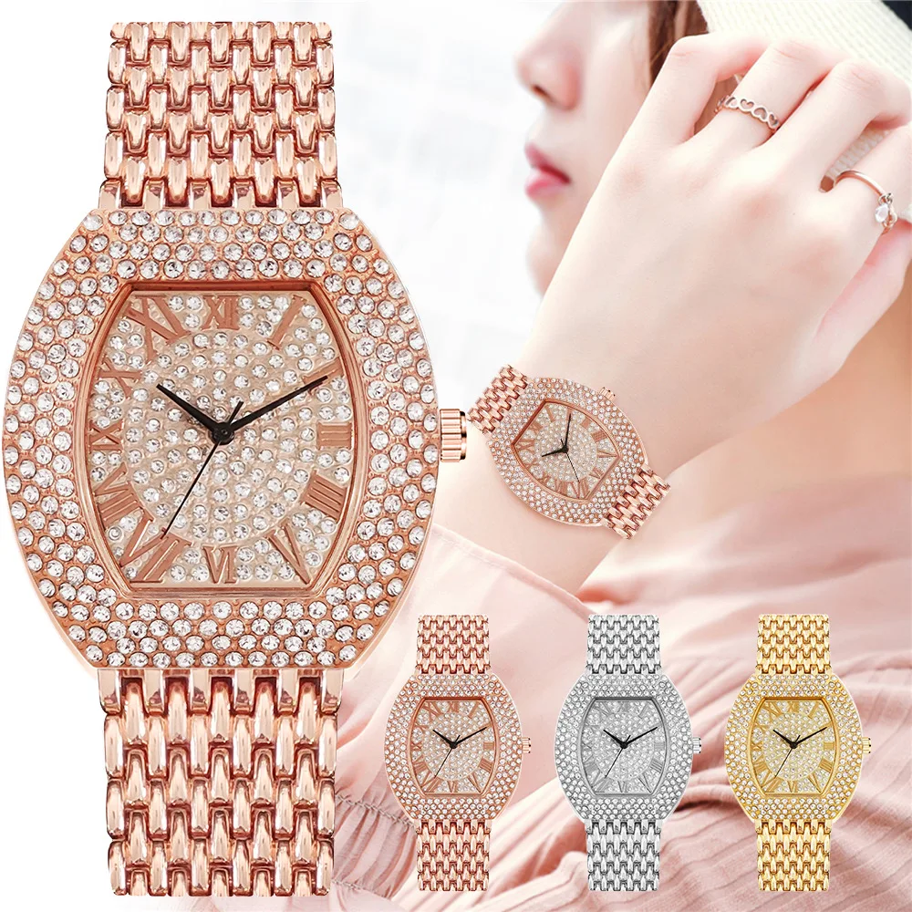 

High Quality Starry Tonneau Watch Fashion Steel Belt Roman Diamond Women's Watch Full Diamond Quartz Watch