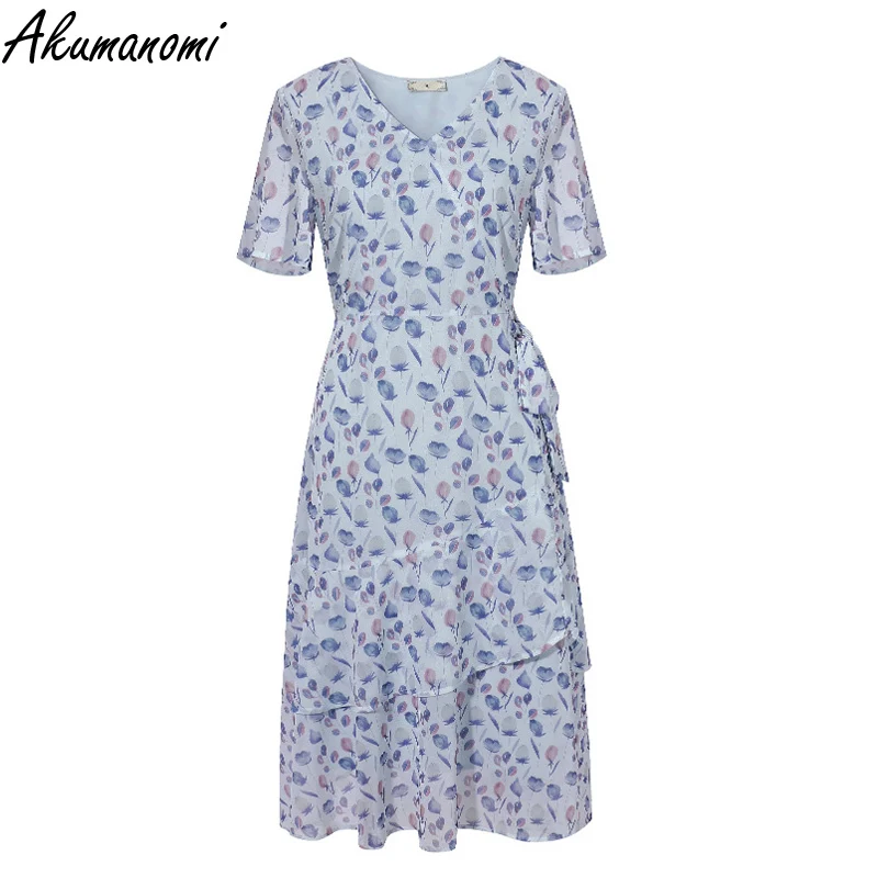

Plus Size 5xl Summer Ditsy Floral Chiffon Bandage Dress Women-clothing V-neck Short Sleeve A-line Office Dresses For Ladies 2021
