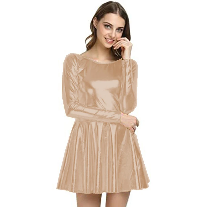 Женское плиссированное платье с длинным рукавом блестящее мини-платье-трапеция