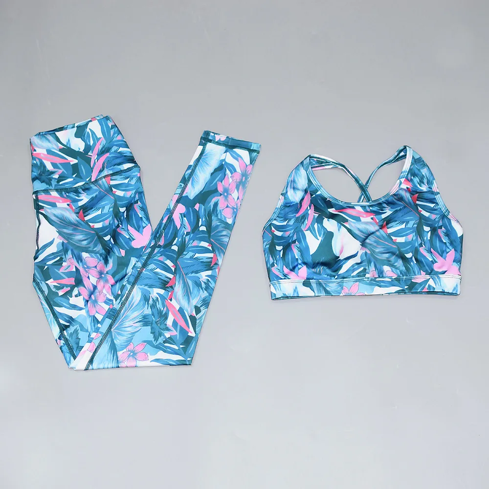 Женские тренировочные костюмы для бега и йоги с принтом синие эластичные