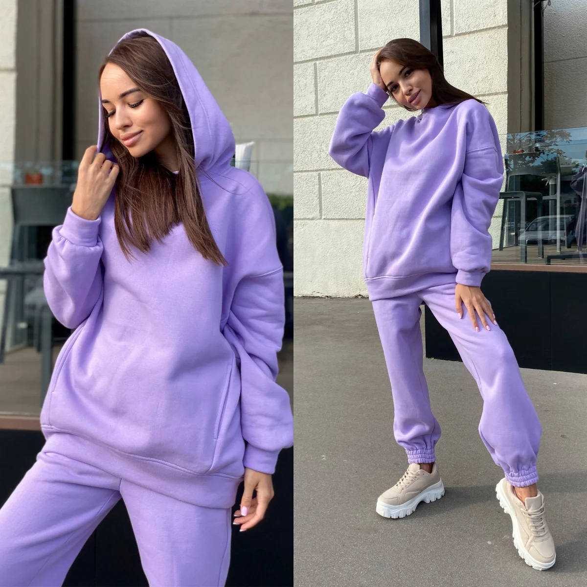 

Women Fleece Tracksuit Winter Solid Oversized Hoodies Two Piece Set Long Sleeve Hooded Sweatshirt Pants Suit Sportwear Outfit