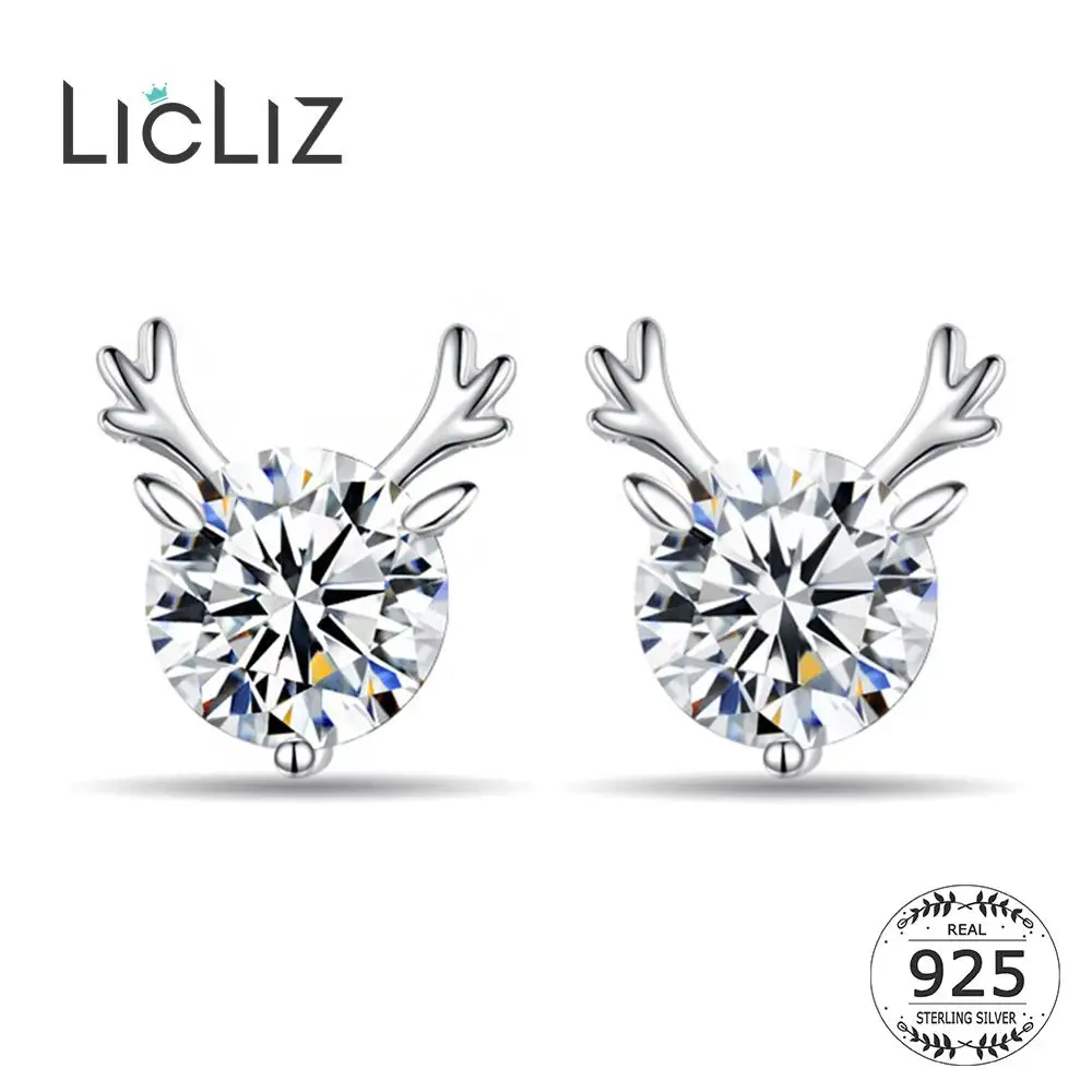LicLiz New 925 Sterling Silver Zircon Stud Earrings for Women Little Deer Antlers Design White Gold Cute Jewelry LE0471 | Украшения и