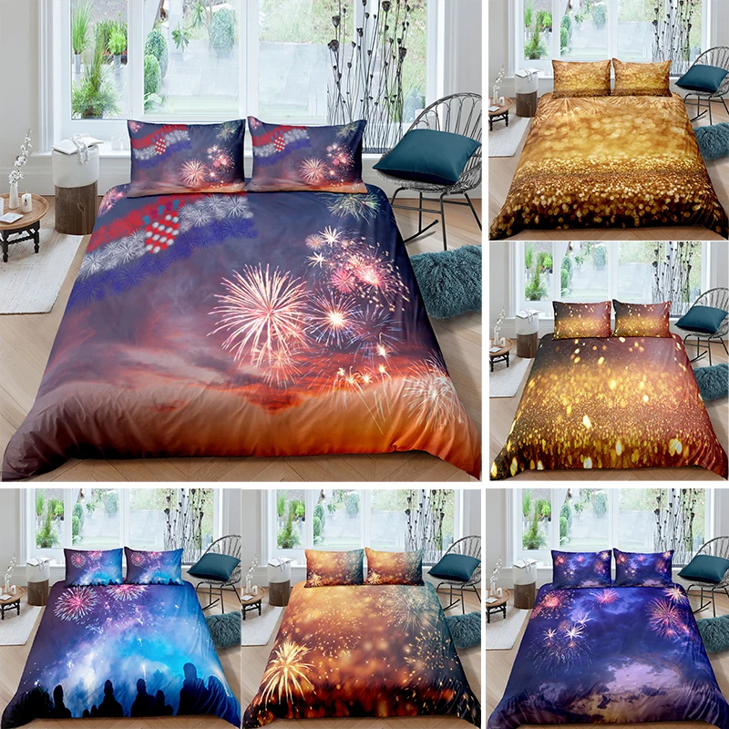 

2021 Fireworks New Year Home Textiles Bedding Set Twin Queen King Size Bedclothes With Pillowcase Winter Quilted Cover Sets