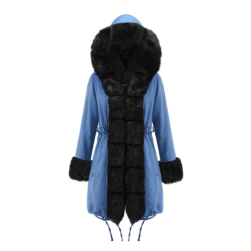 

Ladies Warm Fluffy Thermal Long Jacket Long Hooded Winter Faux Fur Coat Blue Overcoat Thick Large Size Top Coat Girl Long Parka
