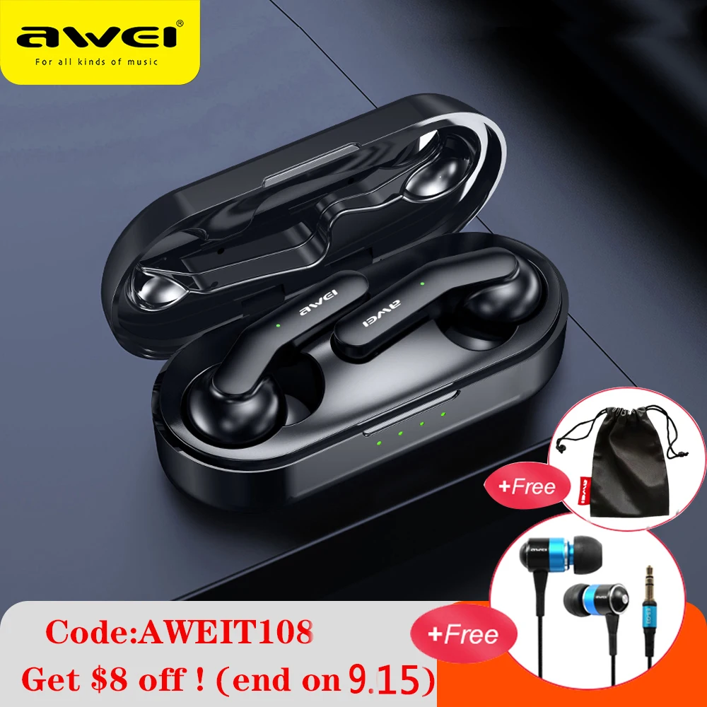  Беспроводные Наушники AWEI T10 TWS, bluetooth-наушники с шумоподавлением, HiFi бас с микрофоном, наушники 