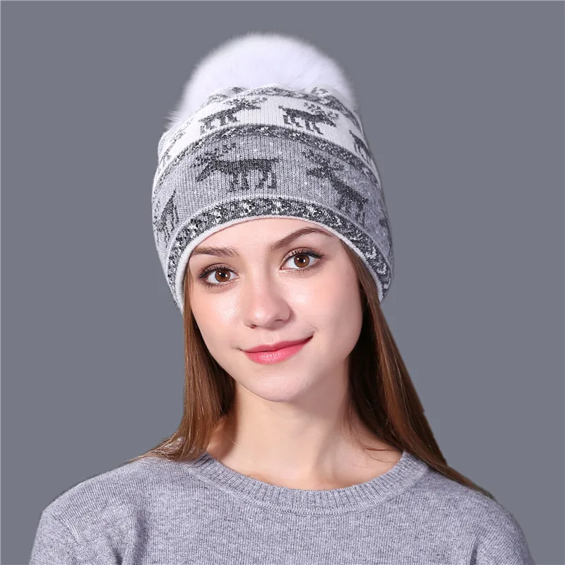 fox white Xthree новые настоящие норковые помпоны Рождественская шерстяная кроличья шерсть вязанные шапочки Skullies зимняя женская шапка для девочек feminino beanies hat - Цвет: fox white