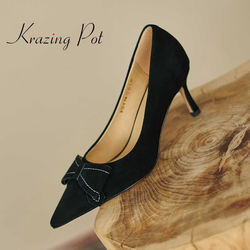 

Krazing Pot sheep suede pointed toe stiletto high heels butterfly-knot decorations beauty lady mature elegant women pumps L32
