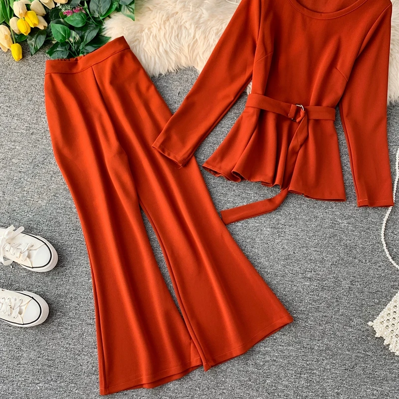 ALPHALMODA модный костюм с длинными рукавами пуловер пояс-кушак наряд+ расклешенные ноги дамы 2 шт брюки костюмы сплошной осенний комплект одежды