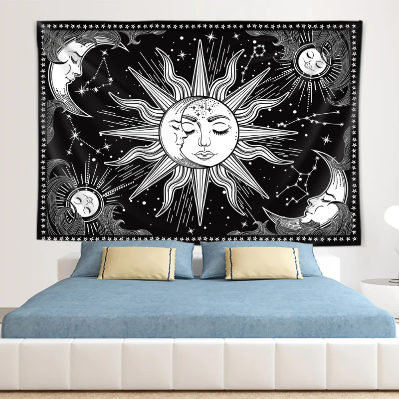 

Black White Sun Moon Home Decoration Hippie Bohemian Psychedelic Scene Background Cloth Yoga Mat Mandala Art Celestial Tapestry