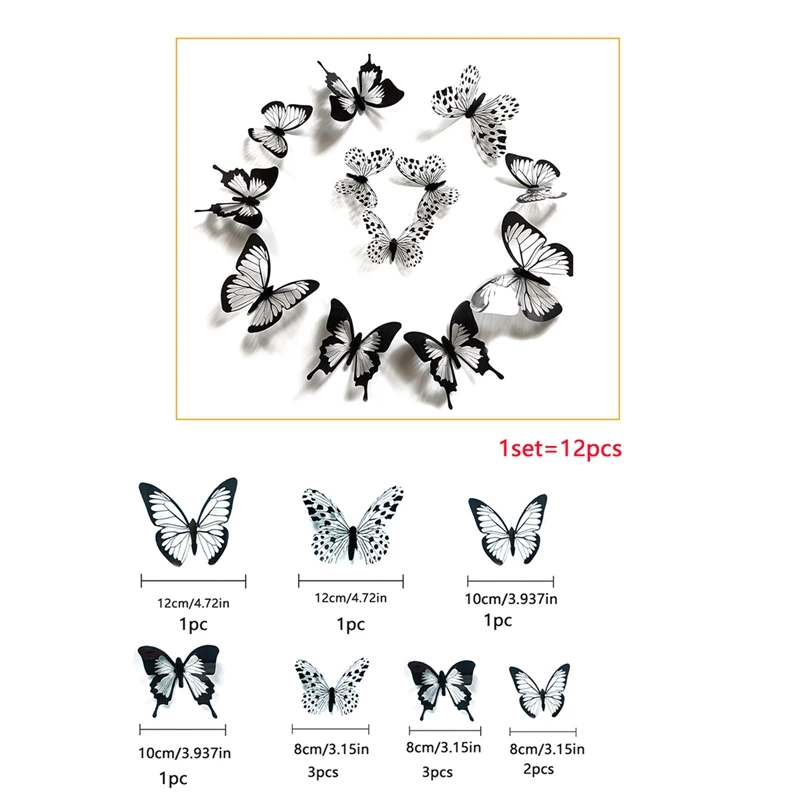 

3D Crystal Butterfly Wall Stickers Black White Butterflies Stickers Art Wall Decals for Home Living Room Insect Decal Decor