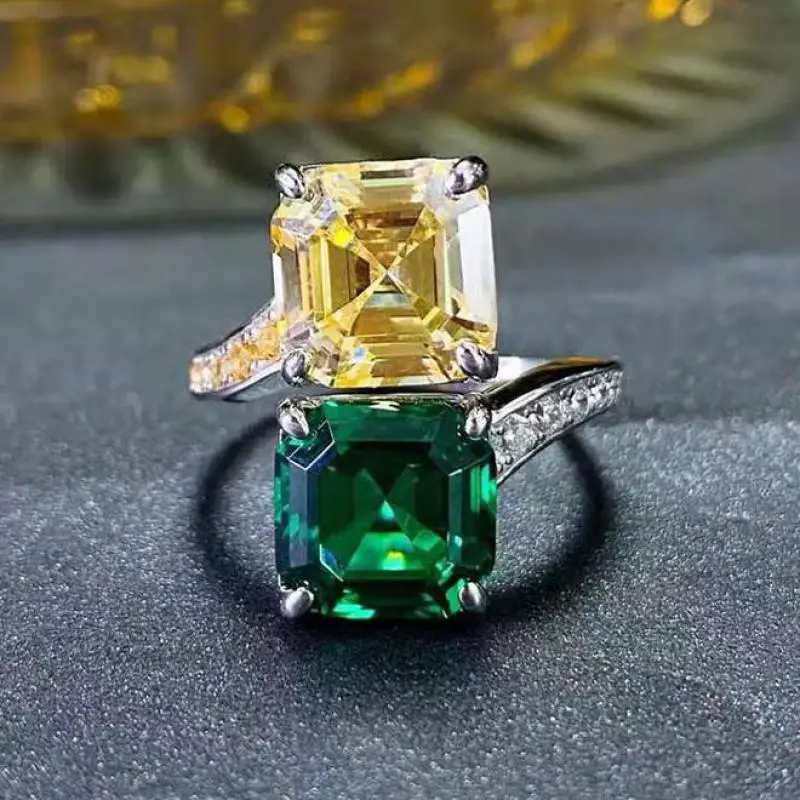 

High Carbon Diamond Topaz Emerald Double Gem Ring Women Sterling Silver 925 Party Cocktail Wedding Jewelry Girlfriend Mom Gifts