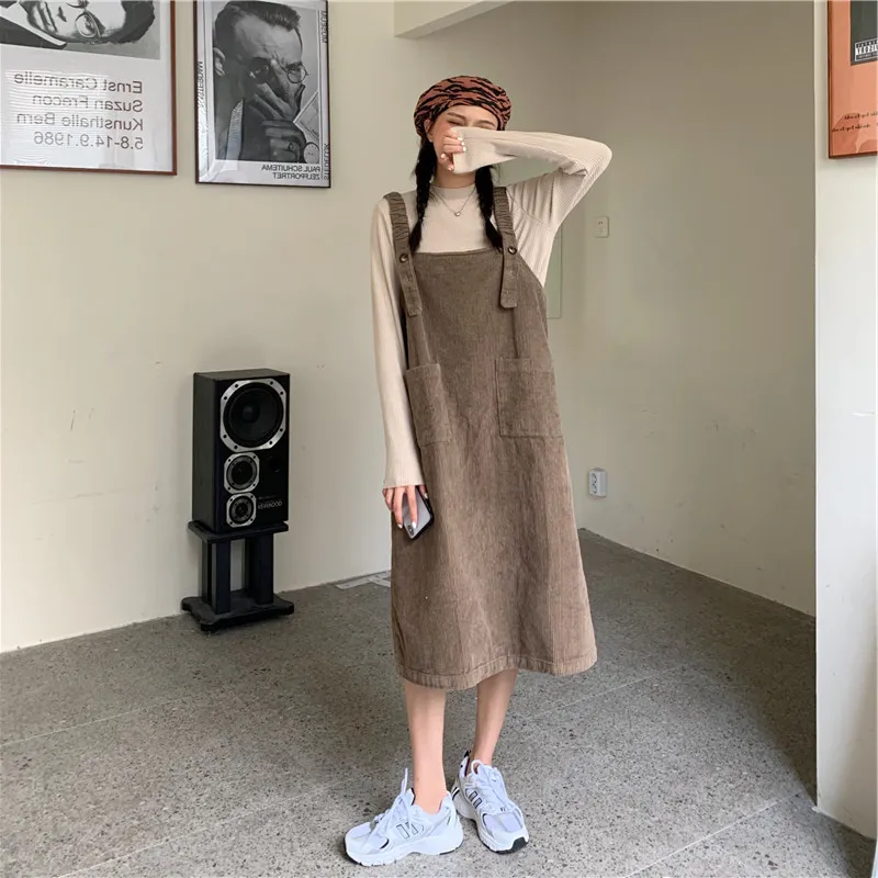 

2021 Autumn Women Mid New Design Feel Minimalist Corduroy Loose Solid Cosy Casual Strap Dress