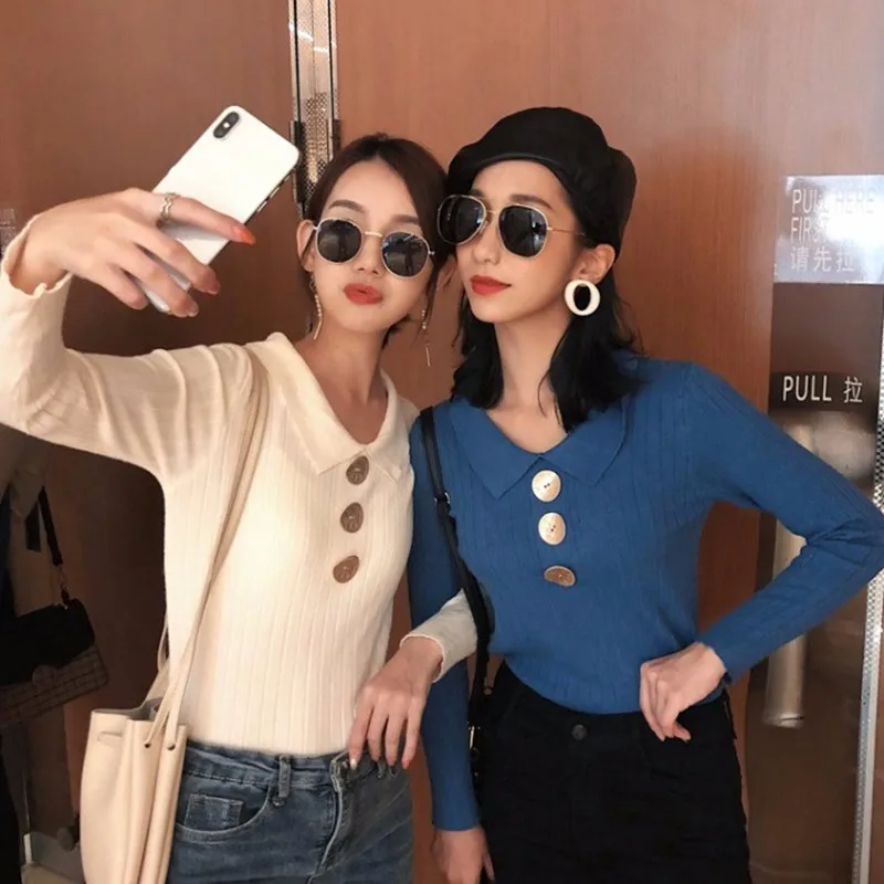 

Hot Casual Women Solid Sweater Pullovers Long Sleeve Button V-Neck Chic Female Slim Knit Top Soft Jumper New