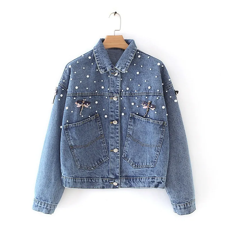 

Embroidered Short jeans coats women Perla Embroidery Demin Jacket Casual Turndown collar Female Streetwear jackets femme 2019