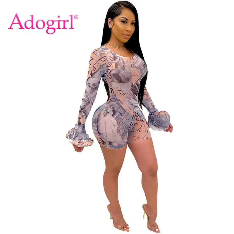 

Adogirl Sexy Print Sheer Mesh Short Jumpsuit O Neck Flare Long Sleeve Bodycon Playsuit See Through Romper Fashion Club Outfits