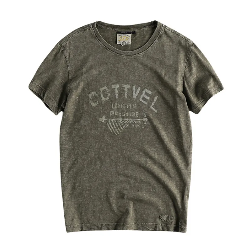 

Heavy wash old slub cotton letter printed short-sleeved t shirt classic fashion retro men's round neck shirt male harajuku tees