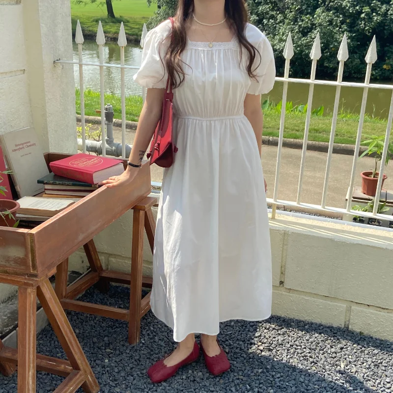 

High Waist Summer Dresses for Women 2021 Korean Fashion Short Sleeve Square Collar Slim Solid Casual Beach Dress Plus Size