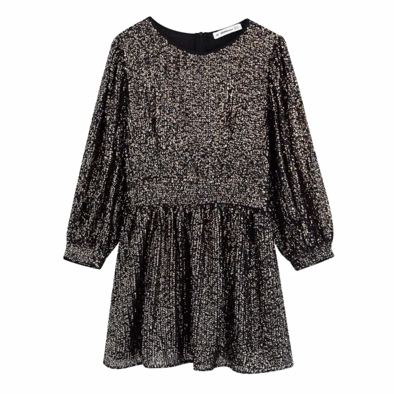 

Vogue Women Sequin Decoration Mini Dress Leisure Lady O Neck Lantern Sleeve Vestido D3806