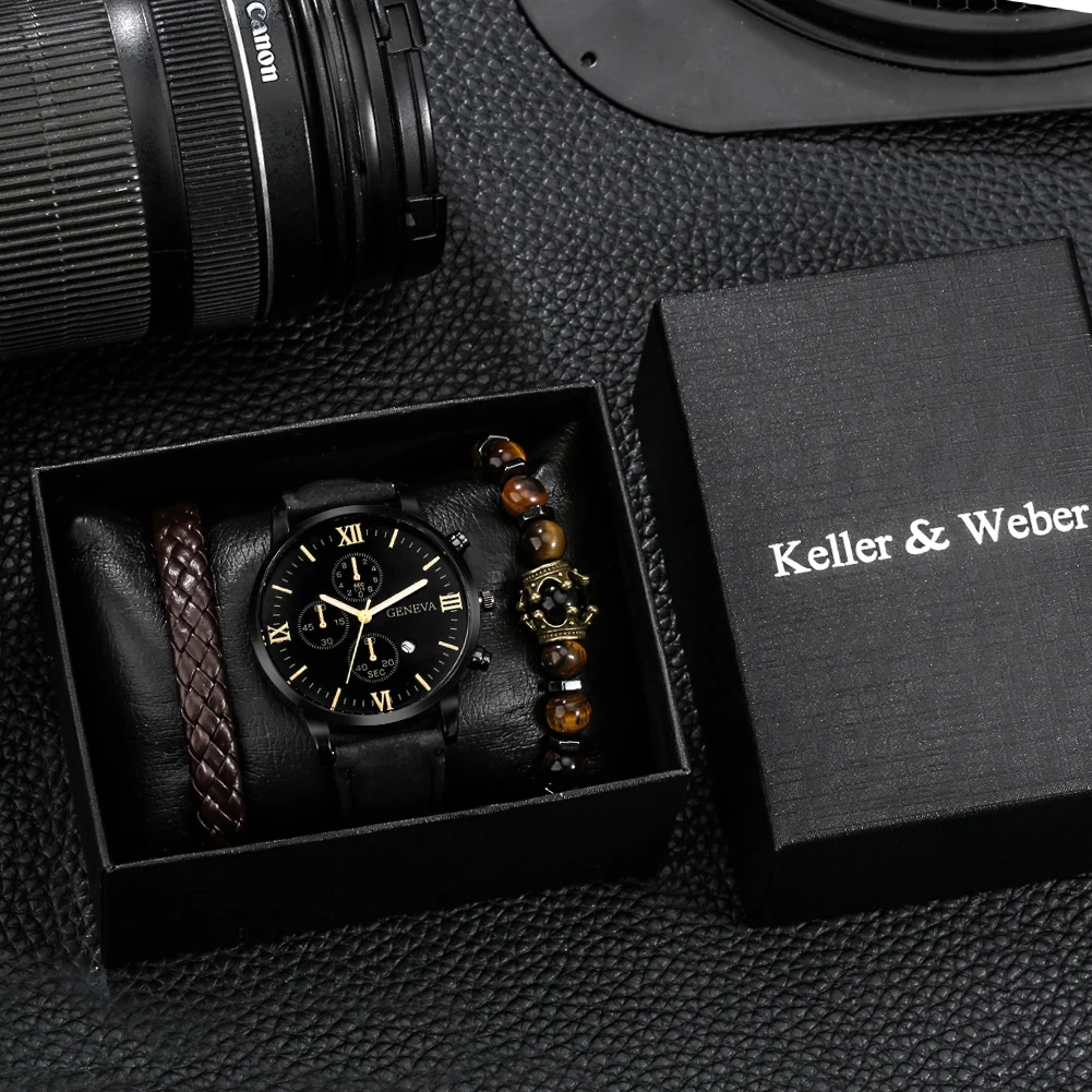 Набор мужских часов и браслетов мужские черные кварцевые часы плетеные браслеты