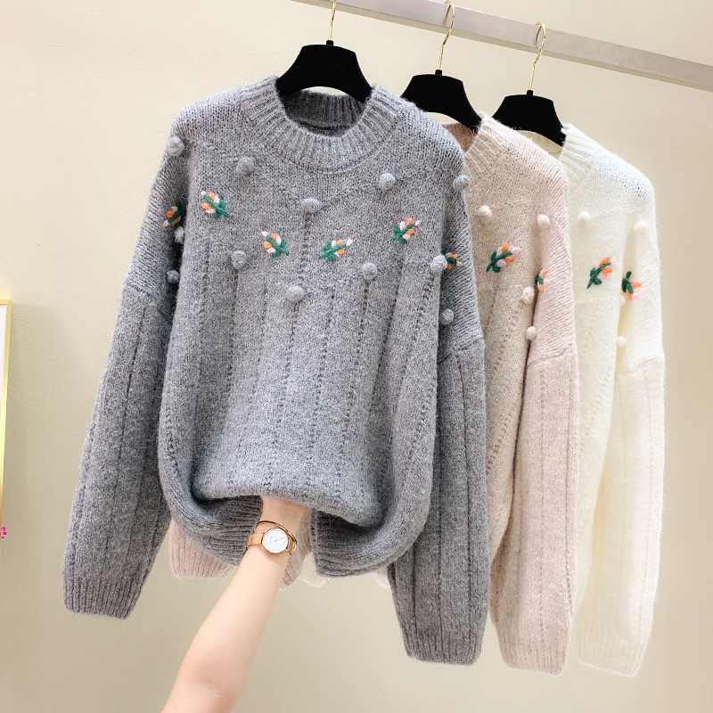 

Woman Sweaters Autumn and Winter Thick Long-sleeved Sweater Plant Flowers Female Pullover Tops 2020 Fashion Warm Knitted Sweater