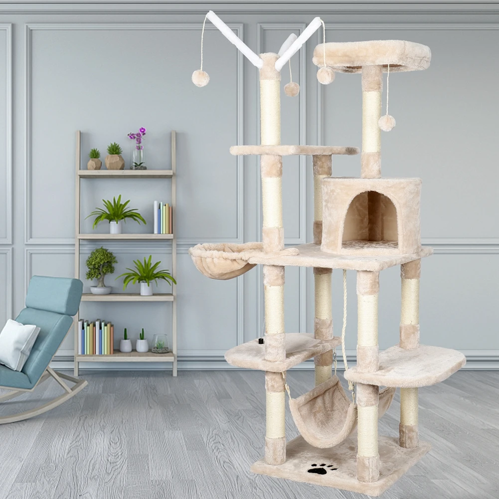 

NIPEECO Cat Climbing Tree With Hammock Pets Scratcher Home Furniture Rugged sisal large cat climbing frame 5 Platform Cushions