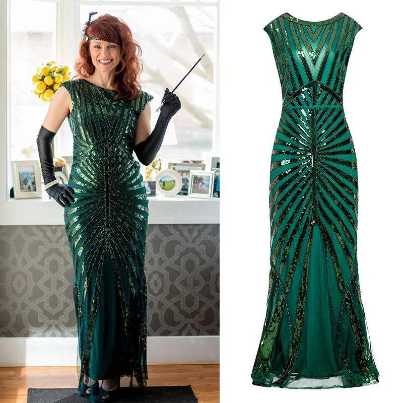 Green Dress Женское длинное платье для выпускного вечера 1920s в бусинах и пайетках, винтажное Макси-свадебное платье Gatsby(черное/розовое/зеленое/серебряное - Цвет: Green Dress