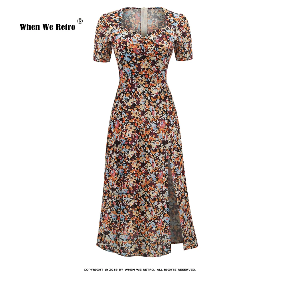 

Женское платье с цветочным принтом, VD2097, длинное зеленое, розовое платье с квадратным вырезом, разрезом слева