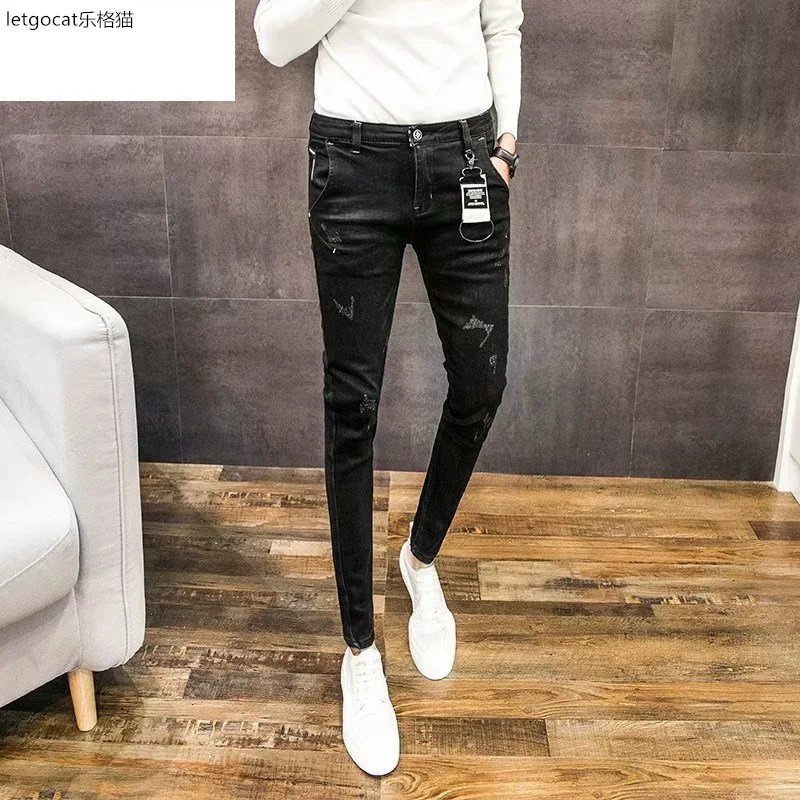

Hot men's ripped tights Ripped holes trouser man skinny slim fit guy cats mustache feet pants Menswear hiphop ankle length jeans