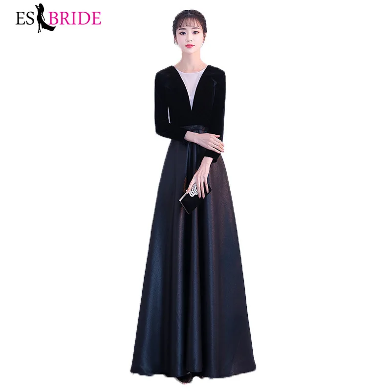 Черное с круглым вырезом 2019 женское элегантное длинное вечернее платье