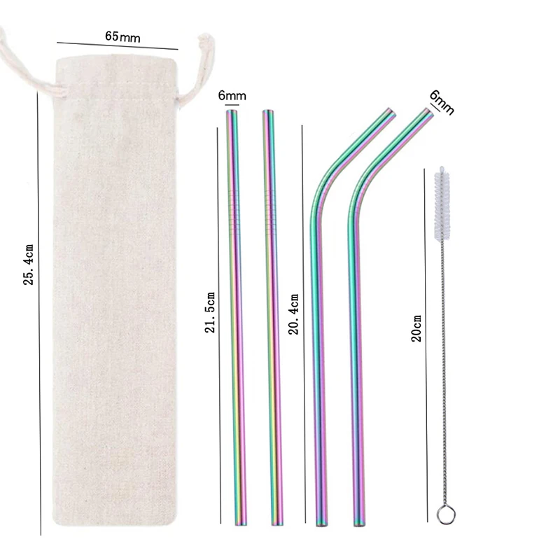

6PCS Metal Reusable 304 Stainless Steel Straws Straight Bent Drinking Straw Velvet Bag Cleaning Brush Set Party Bar Accessory
