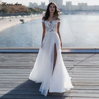 magic awn white lace tulle wedding dresses beach appliques side split princess boho mariage gowns illusion a line abito da sposa